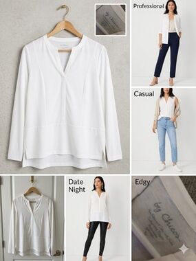 Chico's White Split V-Neck Long Sleeve Top - Asymmetric Hem Tunic - Size 0